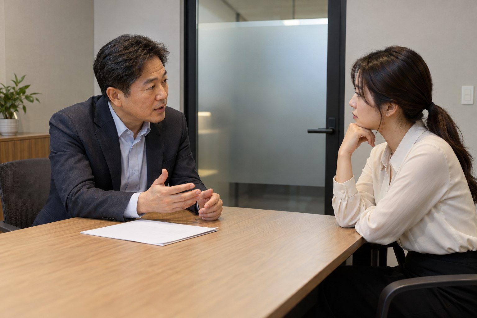 Senior Korean manager and junior having a private one-on-one conversation in a small meeting room (AI-generated illustration)