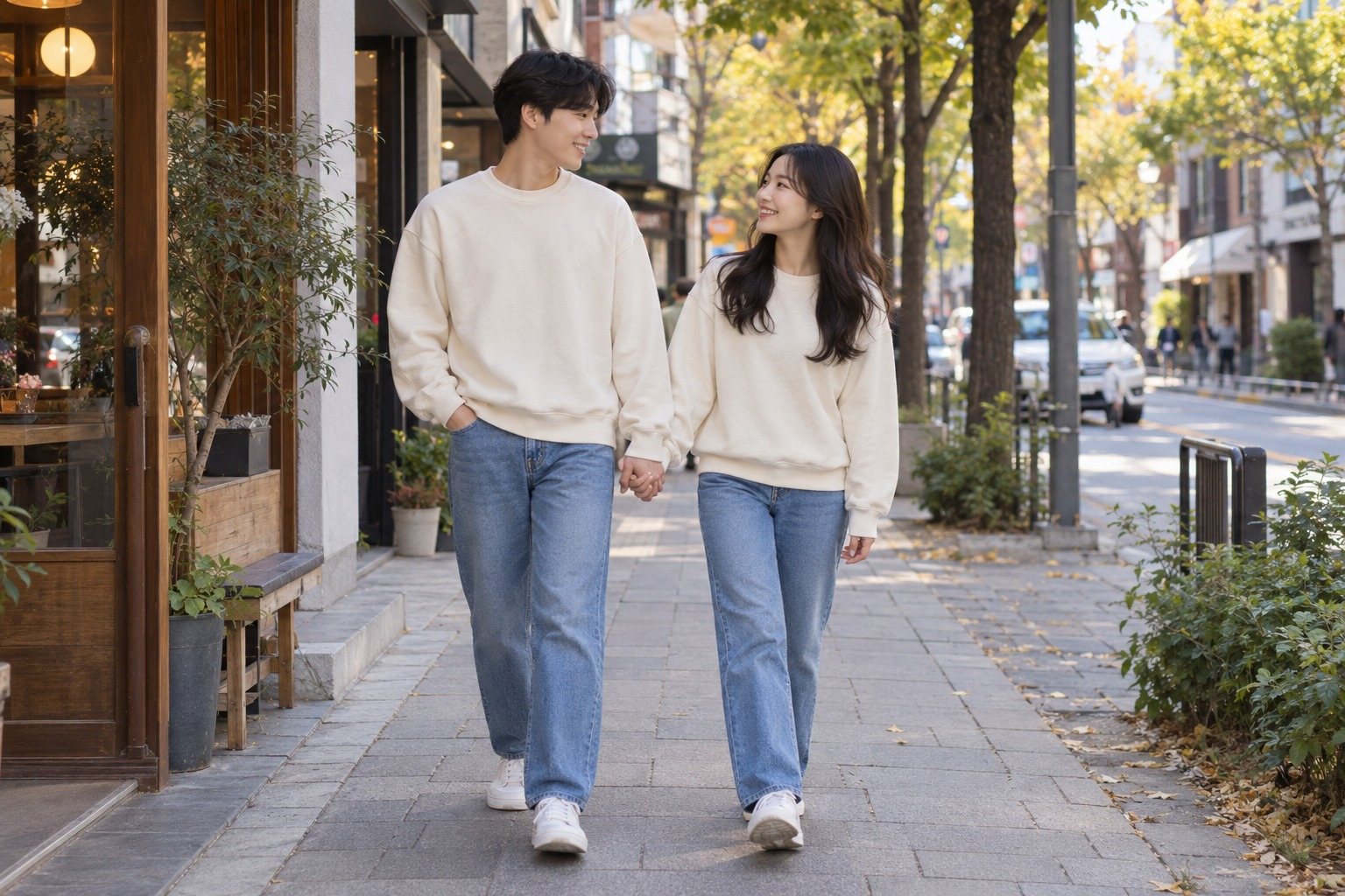 Korean couple in their mid-20s on a Seoul date in matching couple outfits (AI-generated illustration)