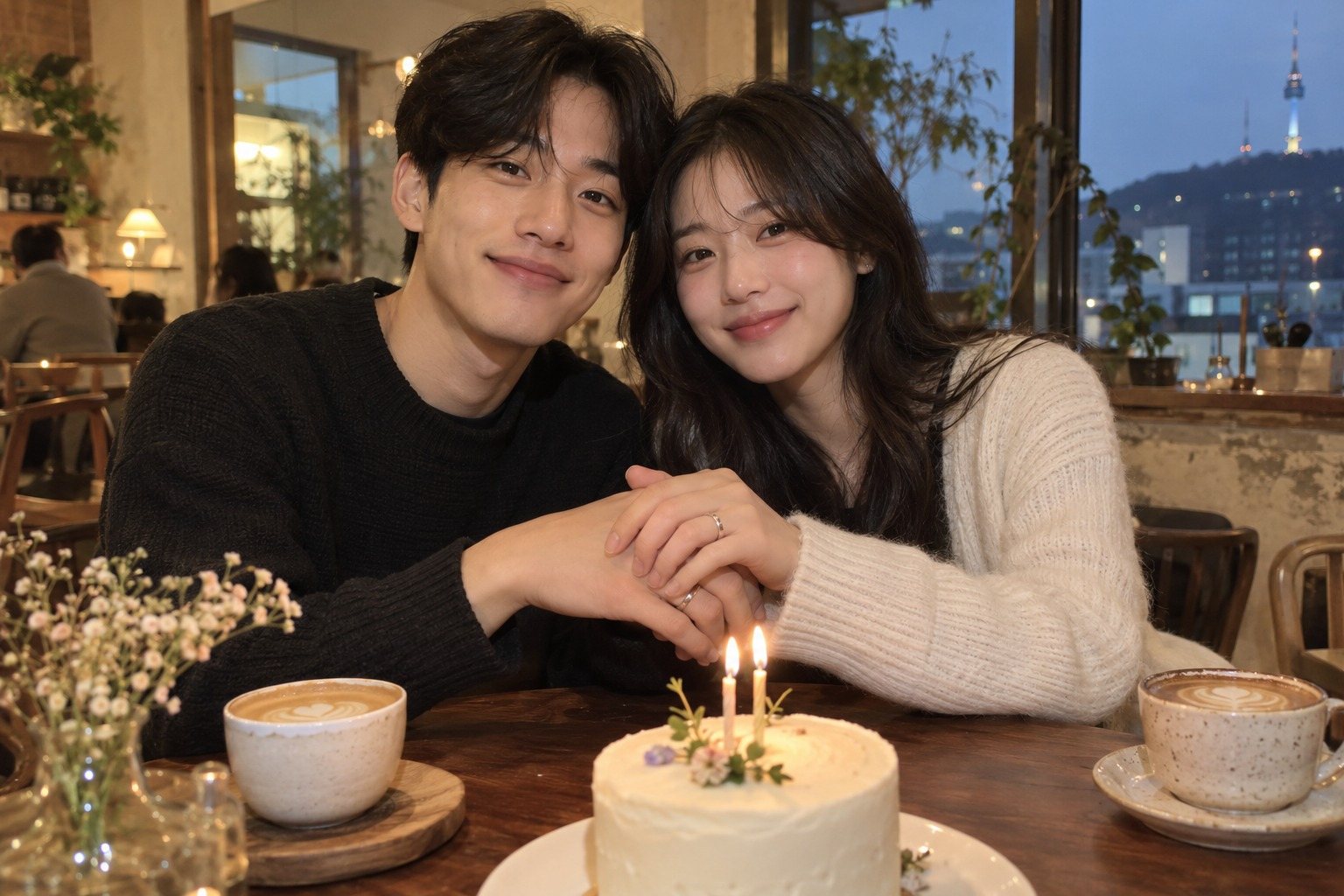 Korean couple in their mid-20s on an anniversary date showing their matching couple rings (AI-generated illustration)