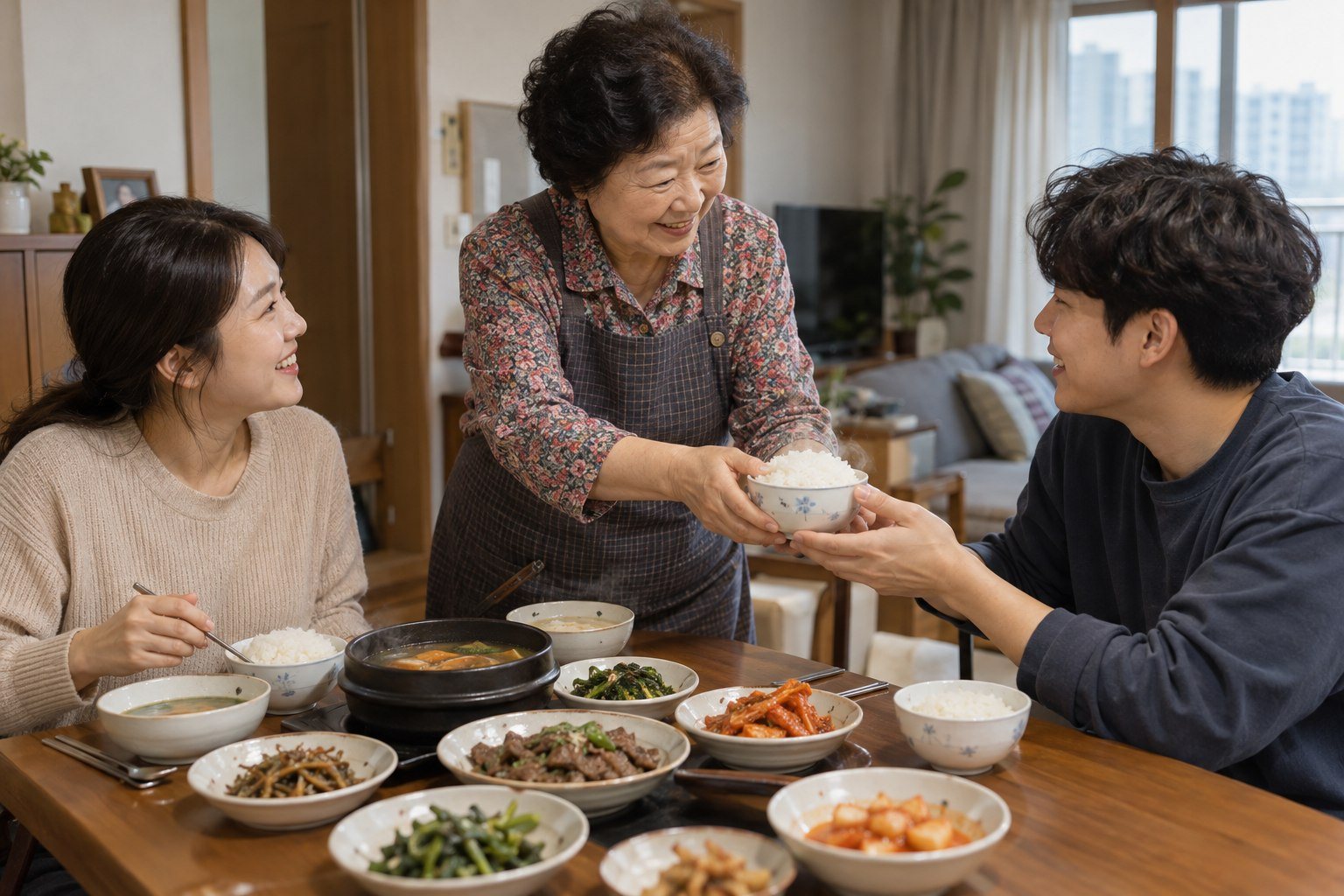 Korean grandmother serving rice and side dishes to her family at home (AI-generated illustration)