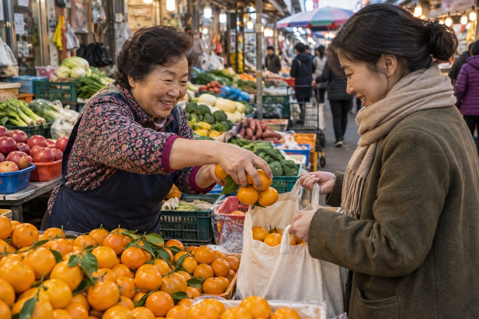 Korean traditional market vendor adding an extra handful of produce into a customer’s bag (AI-generated illustration)