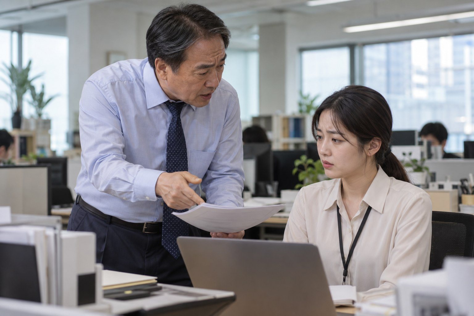 An older Korean manager visibly annoyed and lecturing a young employee at their desk (AI-generated illustration)