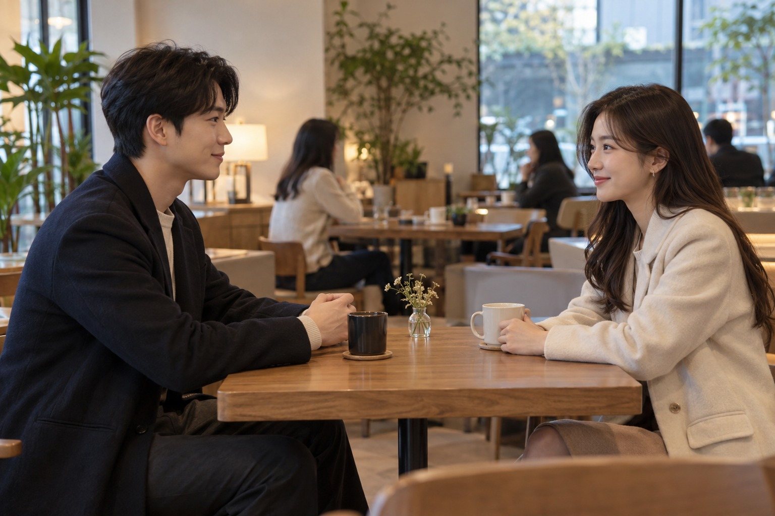 Two Korean adults in their mid-20s meeting for the first time at a café table, polite and slightly awkward (AI-generated illustration)