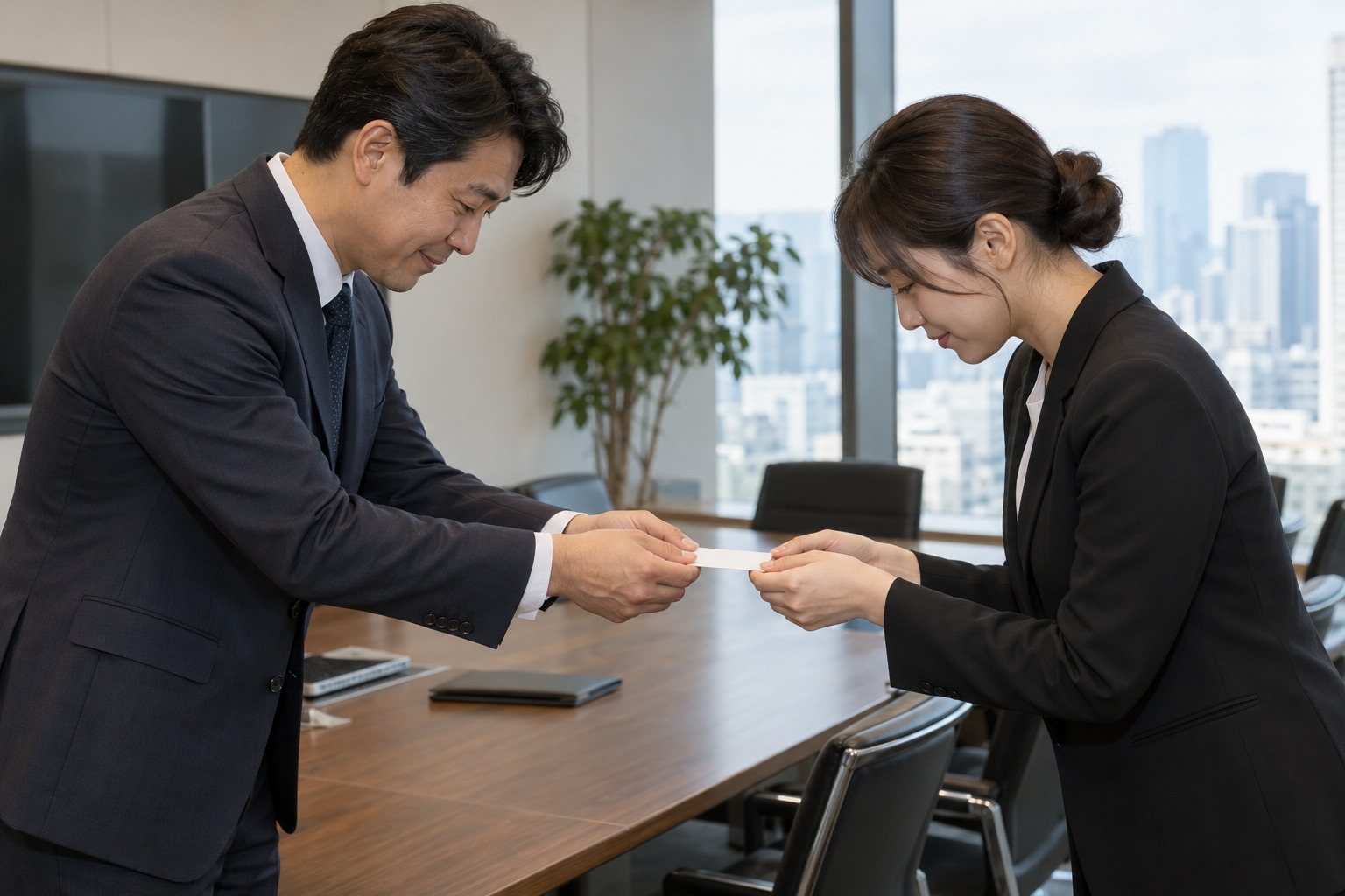 Two Korean businesspeople exchanging business cards with both hands and slight bows (AI-generated illustration)