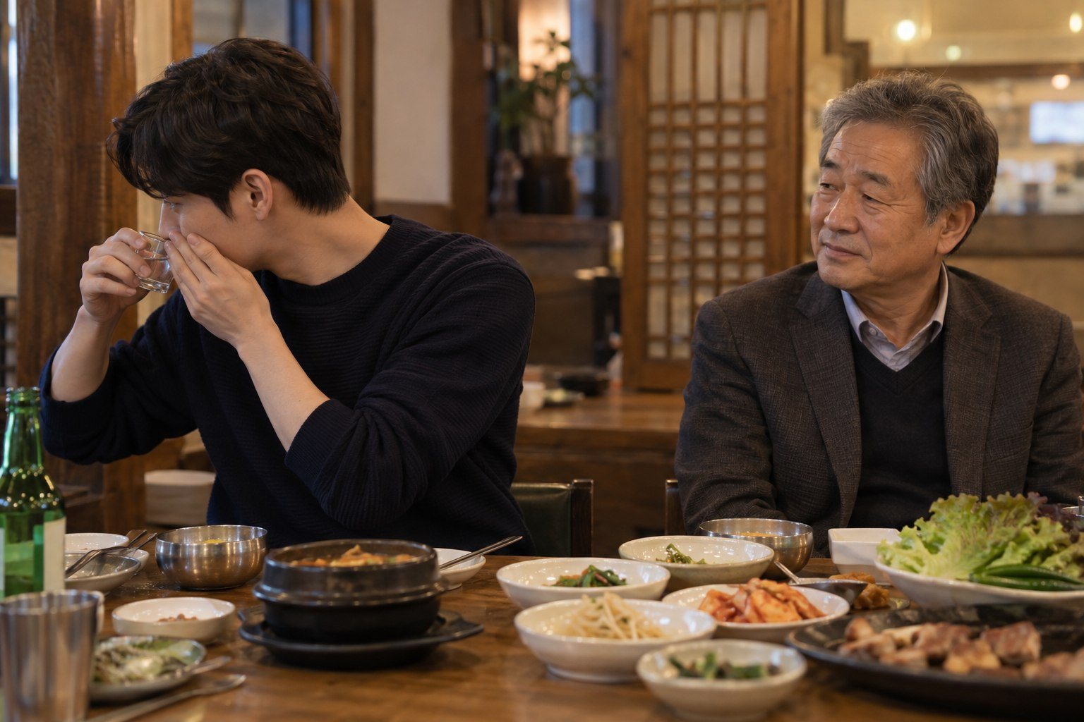 Young Korean adult man turning his head away while drinking soju in front of an elder (AI-generated illustration)