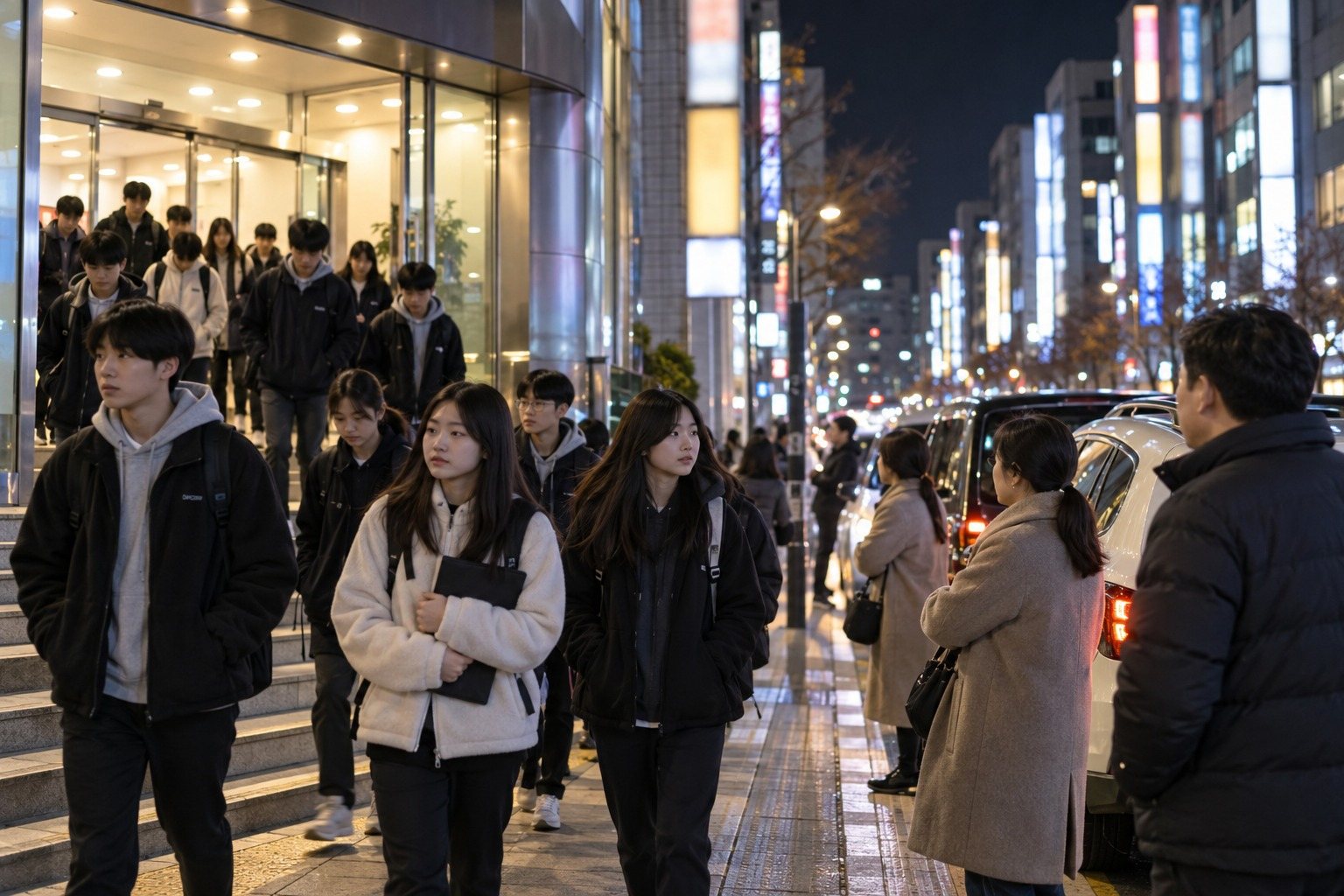 Students leaving a hagwon building at night with illuminated academy signs and waiting parents’ cars (AI-generated illustration)
