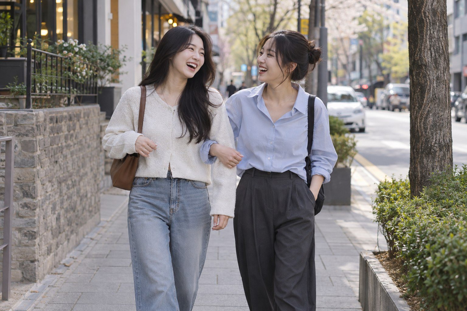 Two Korean women friends visibly walking arm in arm down a Seoul street (AI-generated illustration)
