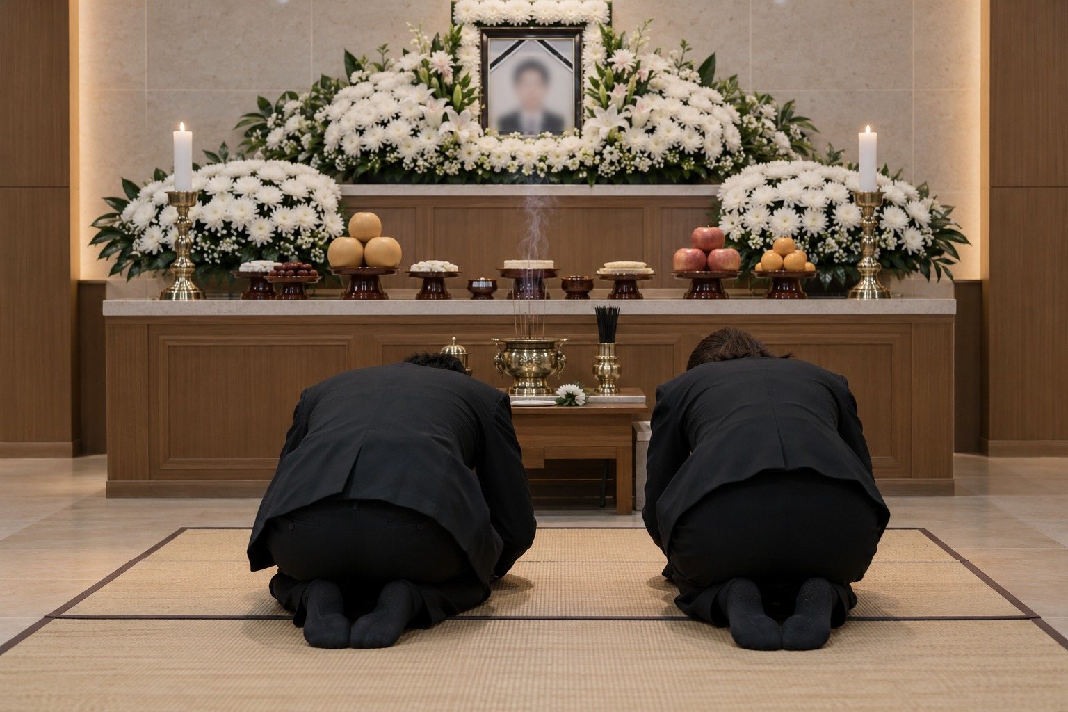 Black-clad mourners bowing before a Korean funeral altar with blurred portrait, chrysanthemums and incense (AI-generated illustration)