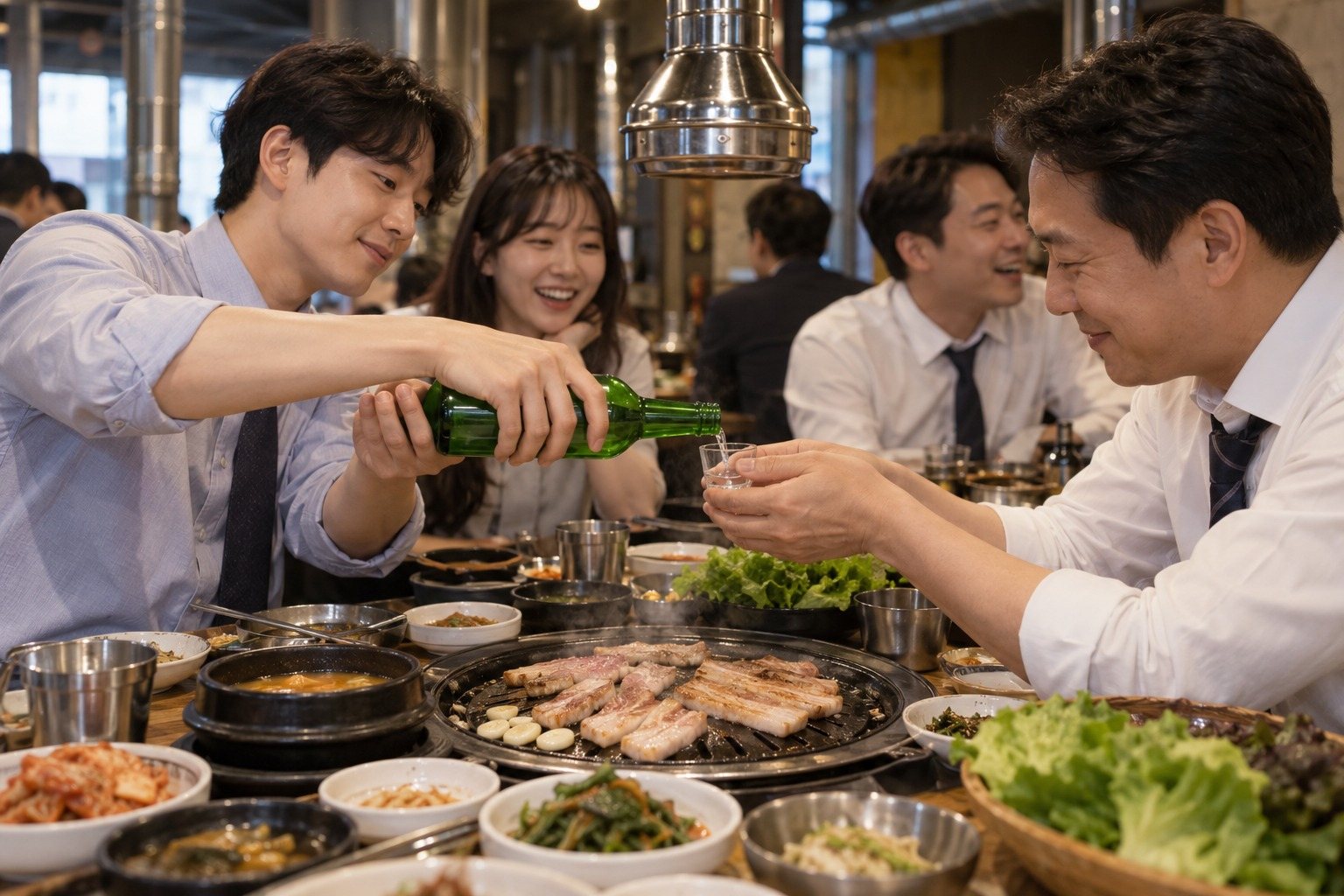 Korean team at a samgyeopsal restaurant, junior pouring soju for a senior with both hands (AI-generated illustration)