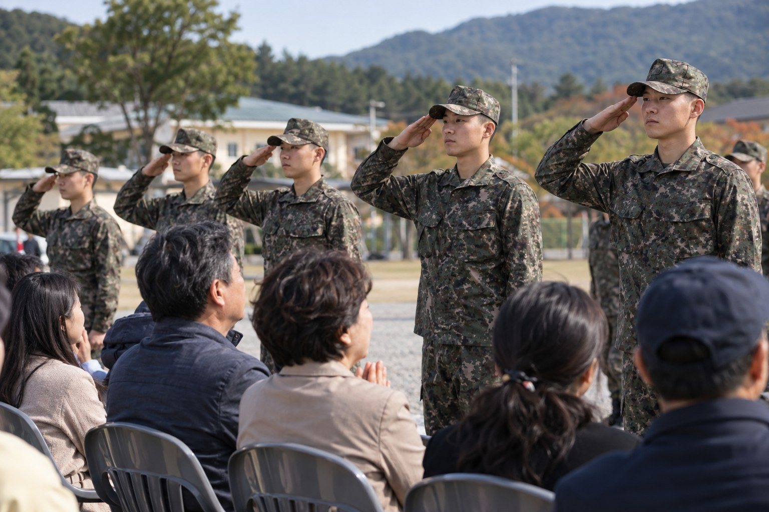 Young Korean conscripts saluting at an enlistment ceremony while families watch (AI-generated illustration)
