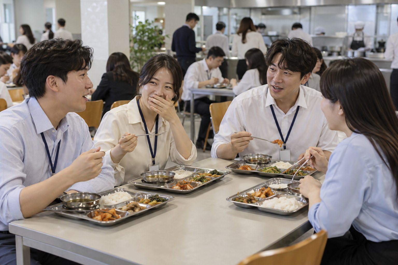 Korean office workers with ID lanyards eating lunch with trays in a company cafeteria (AI-generated illustration)
