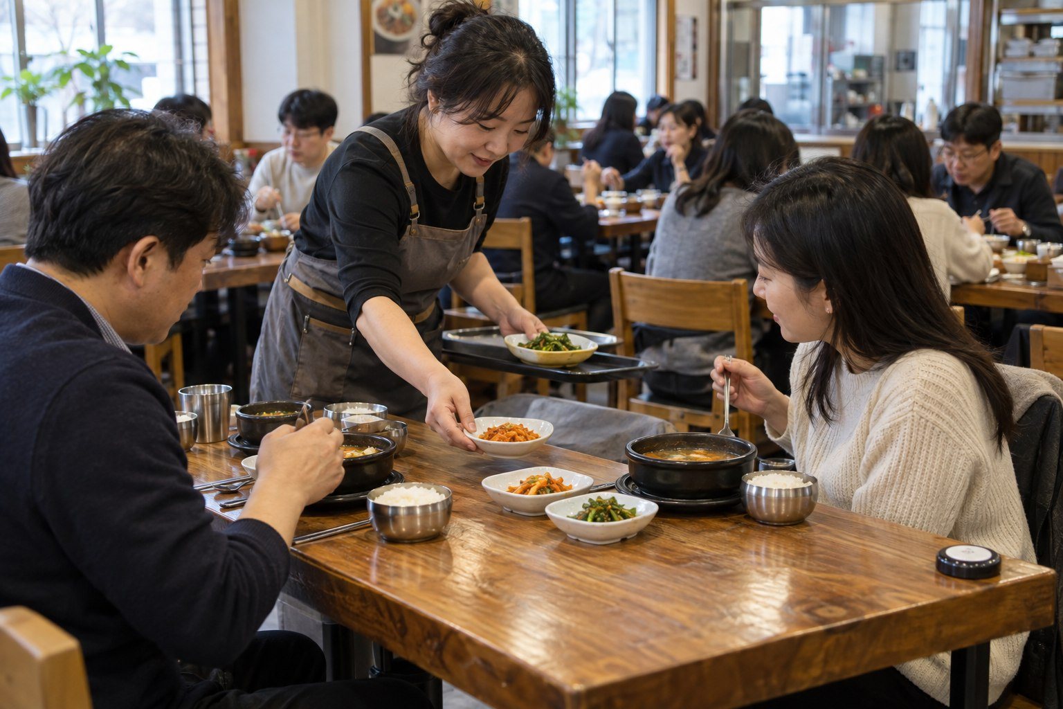 Korean server bringing banchan to diners at a busy Korean restaurant, visible call bell (AI-generated illustration)