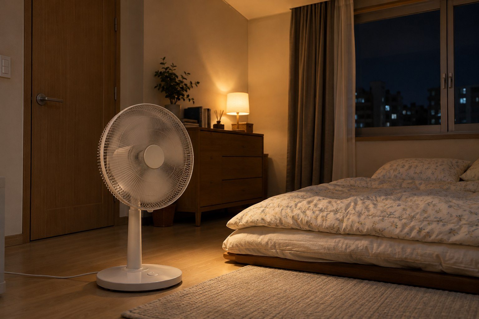 Electric fan running in a closed Korean bedroom at night (AI-generated illustration)