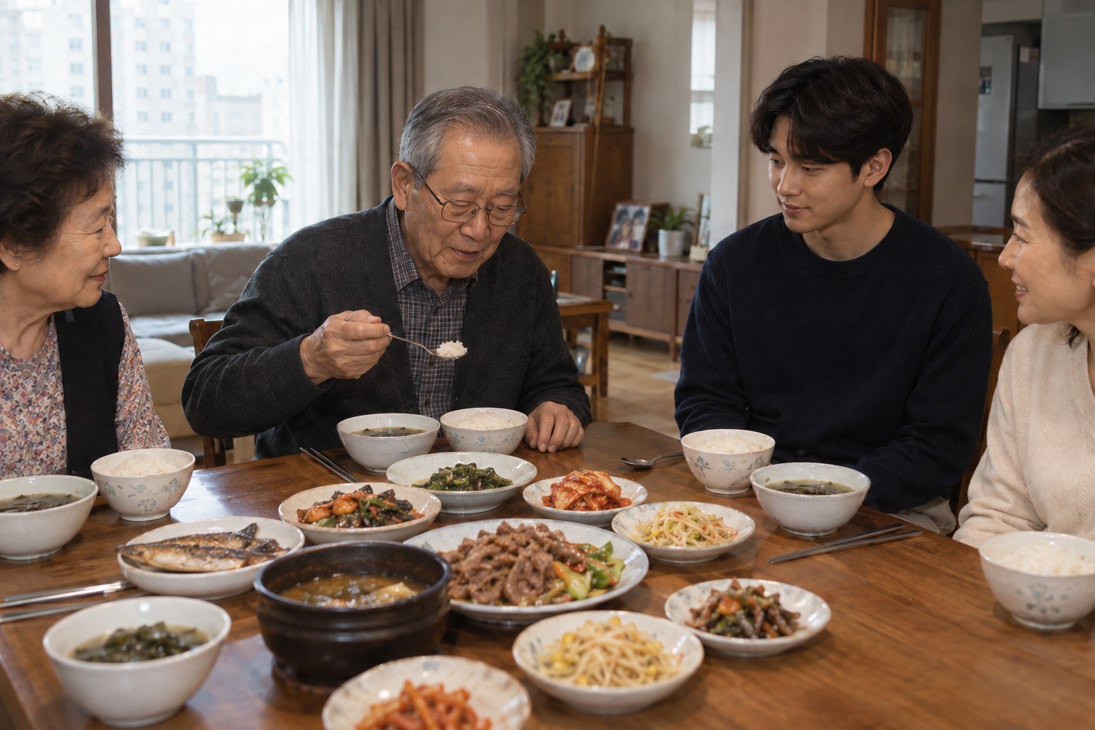 Korean family meal, youngest adult waiting while eldest starts to pick up a spoon (AI-generated illustration)