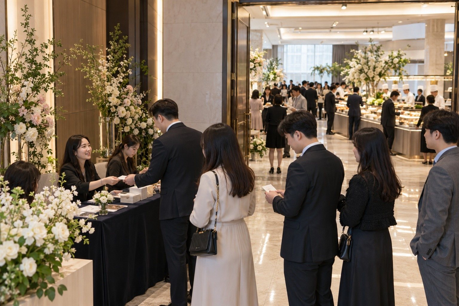 Korean wedding guests at the reception desk with an adjacent buffet hall visible (AI-generated illustration)