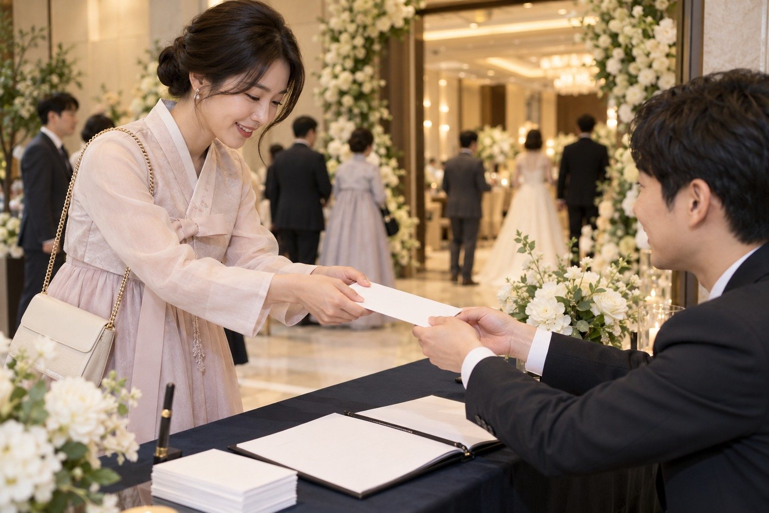 White money envelope handed with both hands across a Korean wedding reception desk (AI-generated illustration)