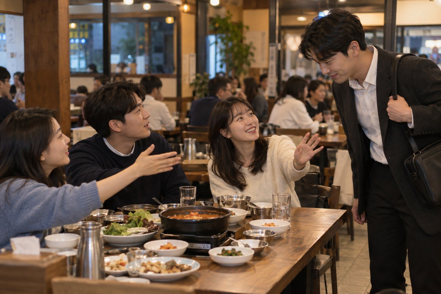 Korean adult standing up to leave a crowded Korean restaurant table while friends gesture to stay (AI-generated illustration)