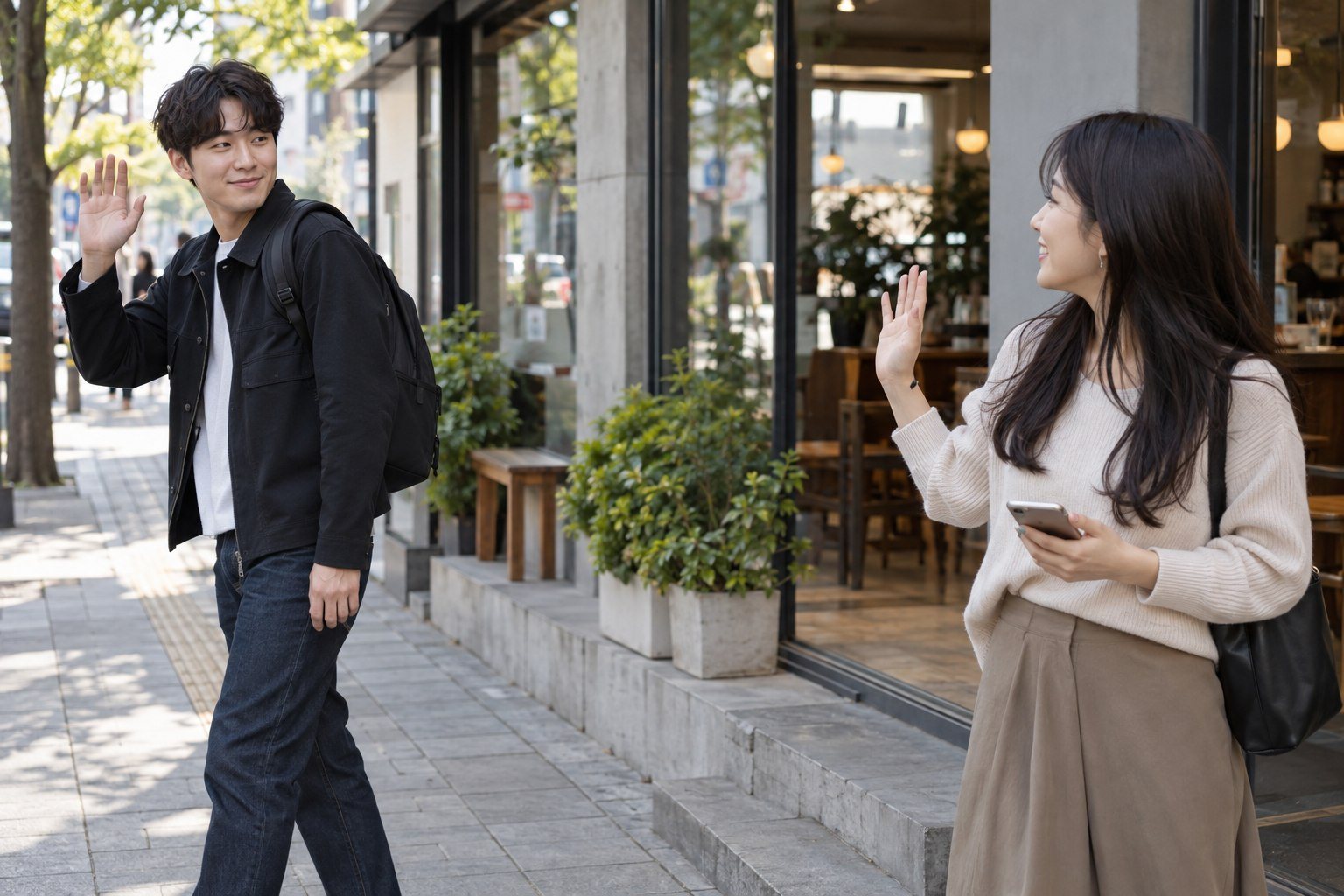 Two Korean acquaintances parting on a Seoul street, waving goodbye, one holding a phone (AI-generated illustration)