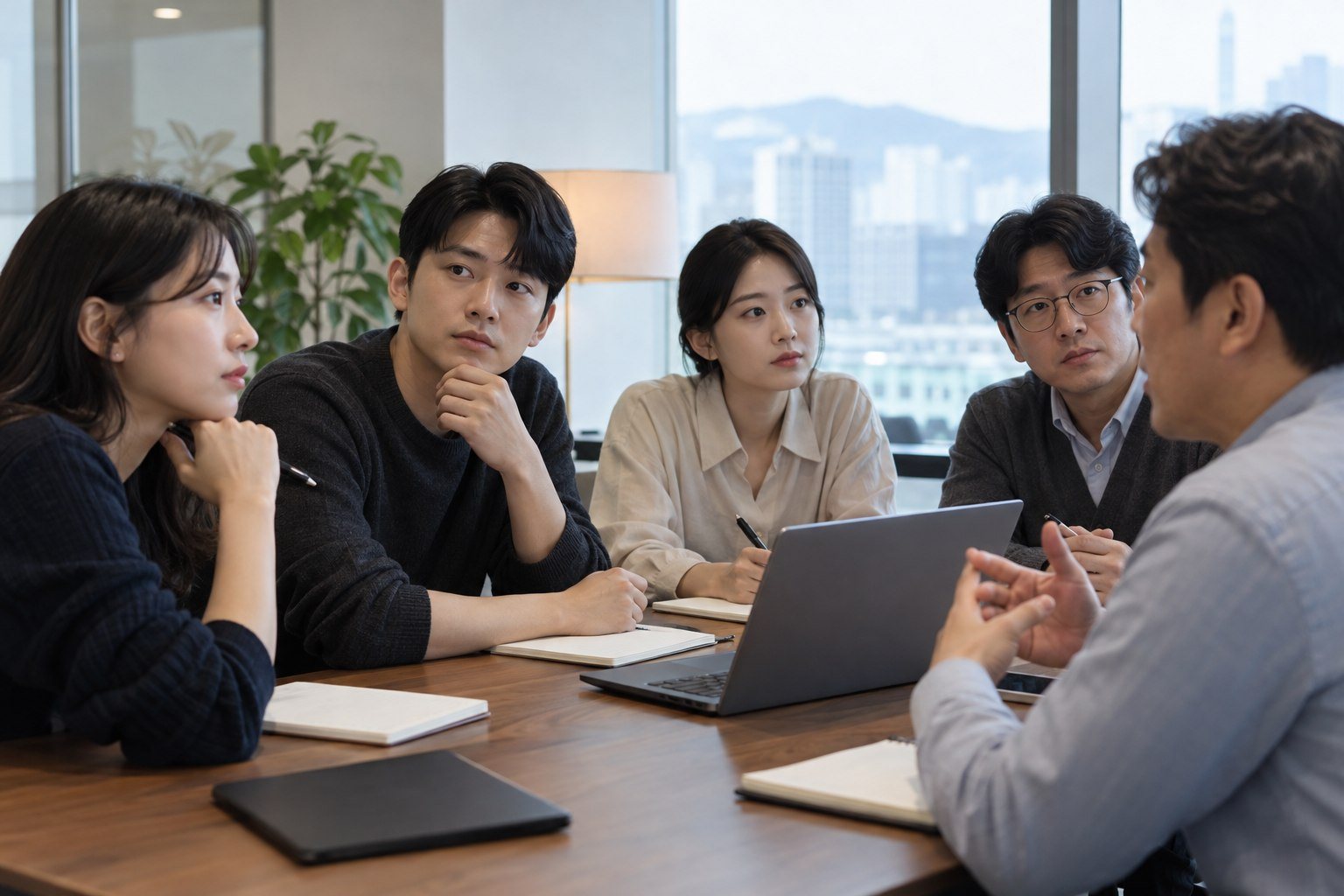 Korean office meeting with a quiet participant glancing around and reading others’ expressions (AI-generated illustration)