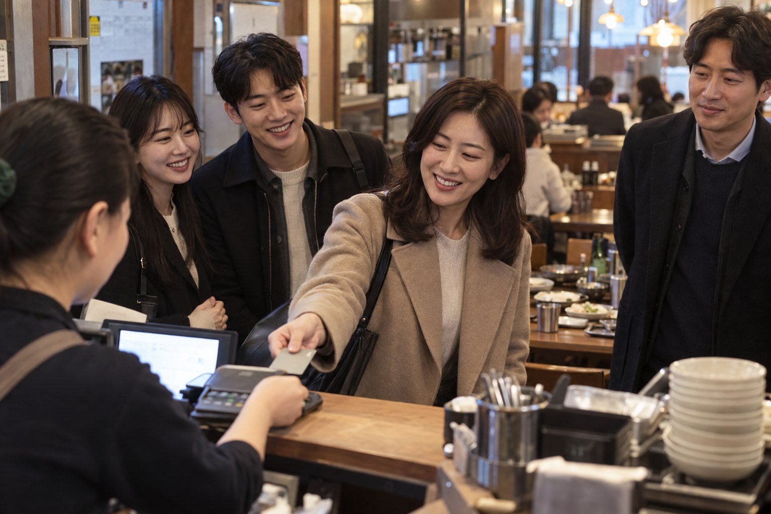 Korean friends of mixed adult ages at a restaurant, an older friend paying for the group (AI-generated illustration)