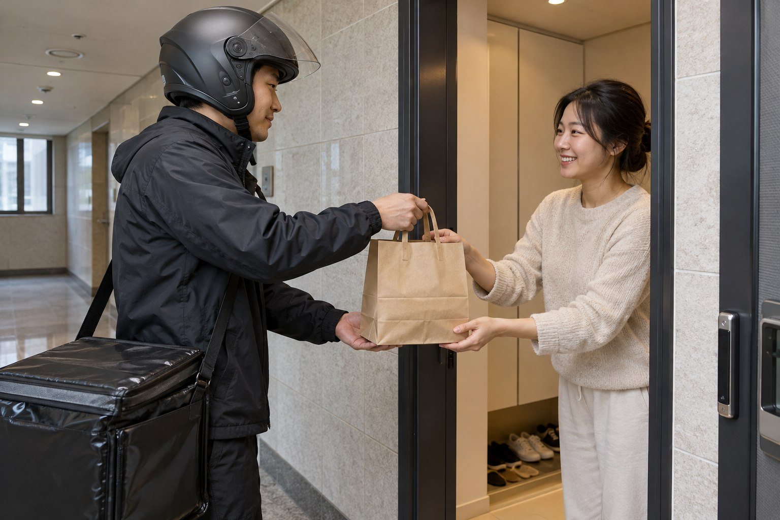 Korean delivery rider handing food to a customer at a modern Korean apartment door (AI-generated illustration)