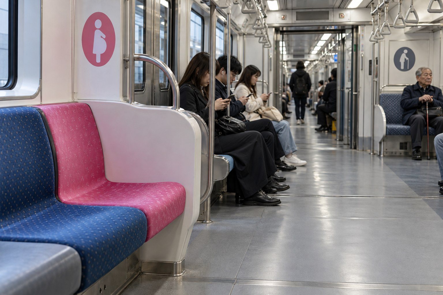 Clearly visible pink pregnancy-priority seat and elderly-priority seats in a Seoul subway carriage (AI-generated illustration)