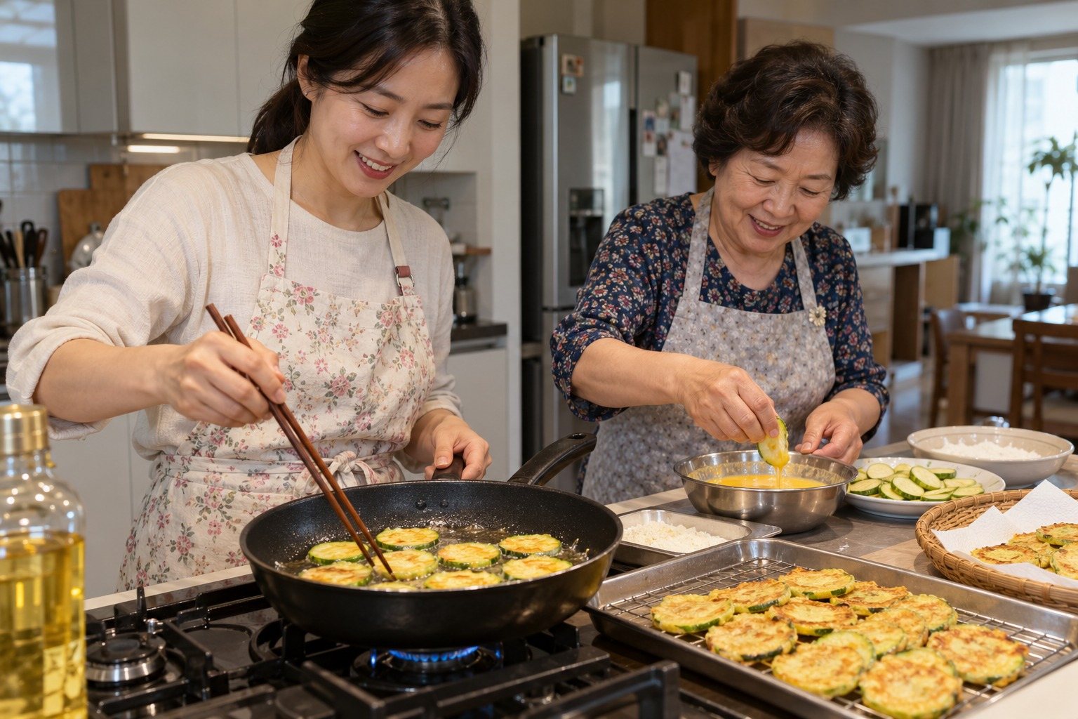 Korean daughter-in-law cooking jeon with her mother-in-law in a Korean apartment kitchen (AI-generated illustration)