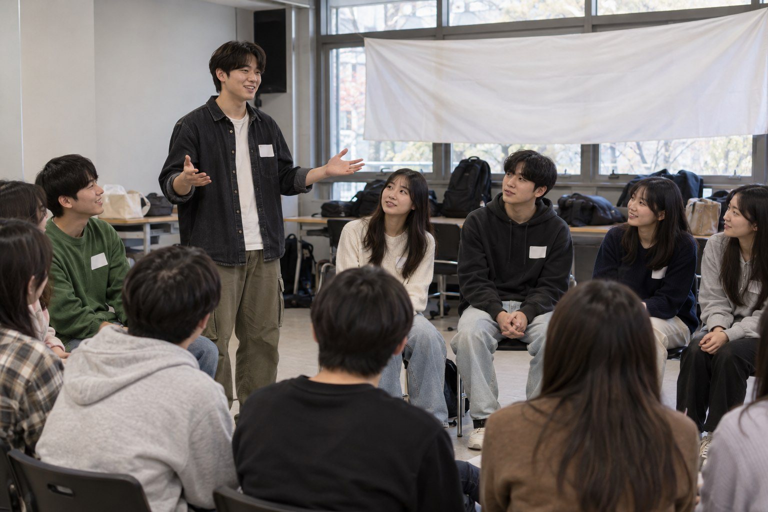 Korean university seniors and juniors together at an orientation event (AI-generated illustration)