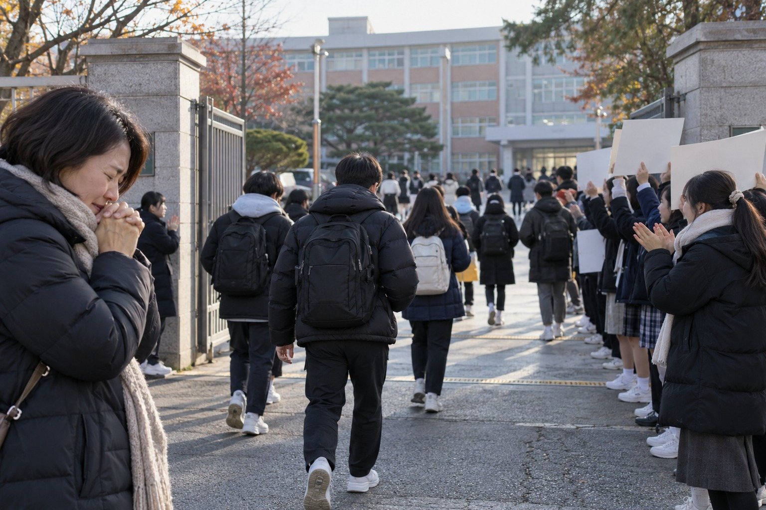 Suneung candidates entering a school gate, juniors cheering and a mother praying (AI-generated illustration)