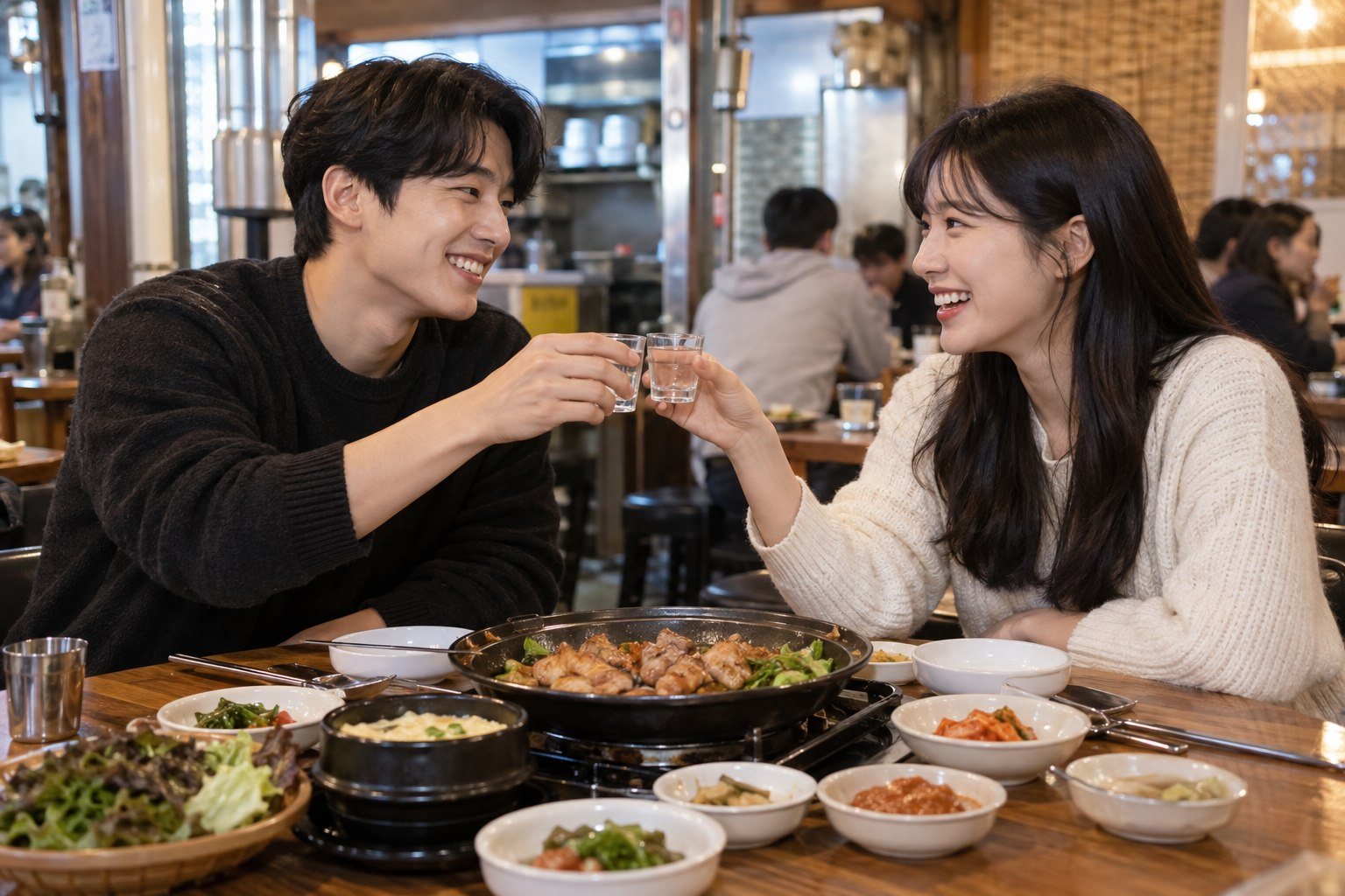 Two young Korean adult friends clinking glasses while agreeing to drop formal speech (AI-generated illustration)