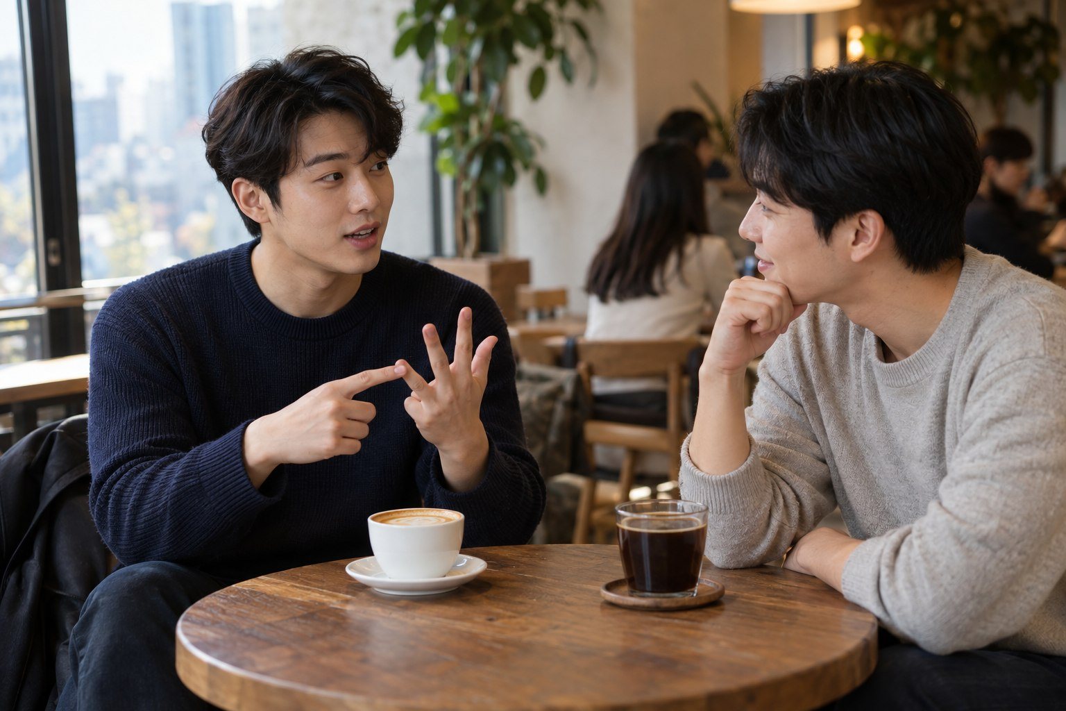 Two young Korean adults meeting and talking, one counting on fingers (AI-generated illustration)