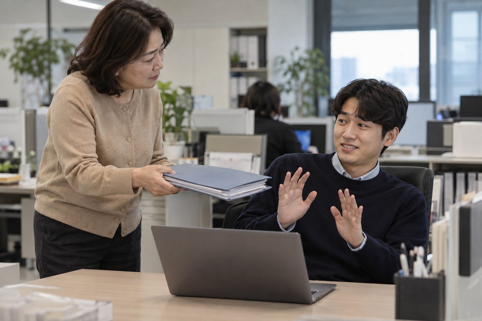 Korean office worker smiling awkwardly and hesitating while a senior asks a favor (AI-generated illustration)